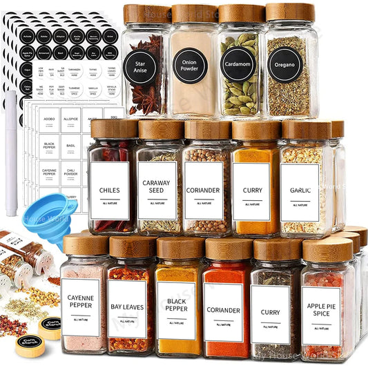 13-teiliges Gewürzdosen-Set aus Glas mit Bambusdeckel - Inklusiv Kreide für die Personalisierung!